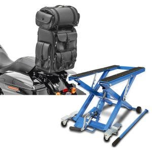 Set: Sissybar Tasche für Harley Freewheeler Hecktasche Craftride DLX mit Gepäckrolle + Hydraulische Hebebühne Harley Davidson Freewheeler ConStands Mid-Lift XL blau_1