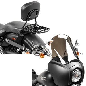 Set: Sissybar Harley Dyna Street Bob 06-17 Craftride Fast Driver-M Flex inkl. Gepäckträger schwarz + Frontverkleidung für Harley Dyna Street Bob 06-17 Craftride MG5 mit Scheibe schwarz-matt rauchgrau_1