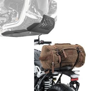 Set: Motorschutz für BMW R NineT Scrambler 16-21 Motoguard Aluminium Bugspoiler Unterbodenschutz schwarz + Hecktasche Vintage 25L für BMW R NineT Scrambler braun Craftride_1