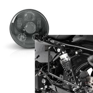 Set: Hauptscheinwerfer LED 5,75 Zoll für Harley Sportster 883 Iron 09-20 schwarz von Craftride + Satteltaschenhalter für Harley Sportster 883 Iron 16-20 links Craftride_1