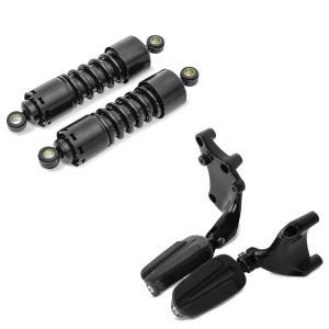 Set: Stoßdämpfer 11 Zoll Harley Sportster 883 Iron Federbeine von Craftride schwarz + Sozius Fußrasten für Harley Sportster 883 Iron 14-20 Craftride mit Halter in schwarz_1