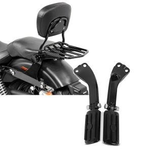 Set: Sissybar Harley Dyna Street Bob 06-17 Craftride Fast Driver-M Flex inkl. Gepäckträger schwarz + Sozius Fussrasten Set mit Halter für Harley Dyna Street Bob 06-17 BL1 schwarz Craftride_1