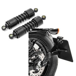 Set: Stoßdämpfer 11 Zoll Harley Sportster 883 Iron Federbeine von Craftride schwarz + Seitlicher Kennzeichenhalter für Harley Sportster 883 Iron 09-20 Craftride schwarz_1