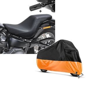 Set: Sitzbank Set für Harley Softail Street Bob 18-21 mit Fußrasten und Halter Craftride FS1 + Abdeckplane Harley Softail Street Bob / Fat Bob / 114 Craftride XXL in schwarz-orange_1