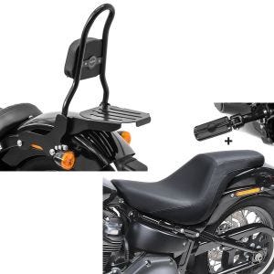 Set: Sissybar Harley Davidson Softail 18-21 Craftride Fast Rider-M inkl. Gepäckträger schwarz + Sitzbank Set für Harley Softail Street Bob 18-21 mit Fußrasten und Halter Craftride FS1_1