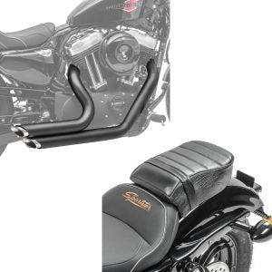 Set: Craftride Auspuff Harley Sportster 883 Iron 09-13 Short-Shot Schalldämpfer Set schwarz + Sozius Sitz mit Polsterung für Harley Sportster Forty-Eight 48/ 883 Iron Craftride_1