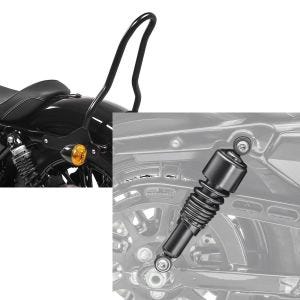 Set: Sissybar für Harley Sportster 883 Iron 09-20 Craftride Tampa S schwarz + Stoßdämpfer 10,5 Zoll Harley Sportster 883 Iron 09-20 Federbeine von Craftride schwarz_1