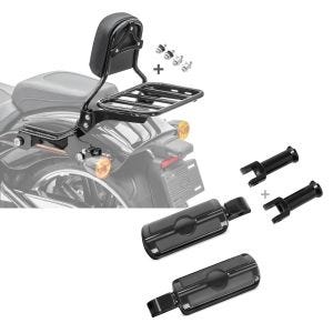 Set: Sissybar für Harley Breakout / 114 18-21 R1 mit Gepäckträger und Docking schwarz Craftride + Sozius Fussrasten mit Halter für Harley Softail 18-21 Craftride SF6 schwarz_1