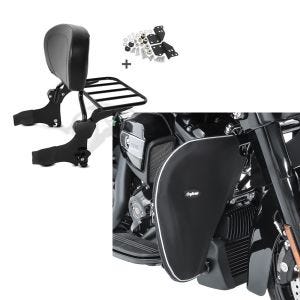 Set: Sissy Bar + Gepäckträger + Docking-Kit für Harley-Davidson Street Glide 06-08 schwarz Craftride + Sturzbügel Spritzschutz für Harley Street Glide 06-21 Beinwärmer Craftride_1
