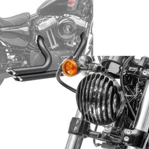 Set: Craftride Auspuff Harley Sportster Forty-Eight 48 10-13 Short-Shot Schalldämpfer Set schwarz + Scheinwerfer Grill Harley Sportster Forty-Eight 48 10-20 schwarz von Craftride_1