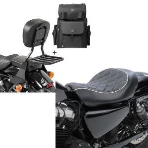 Set: Sissybar SB1 + Hecktasche für Harley Sportster 883 Iron 09-20 abnehmbar mit Gepäckträger Craftride schwarz + Solo Sitz für Harley Sportster 883 Iron 09-20 Craftride SR4 Sitzbank_1