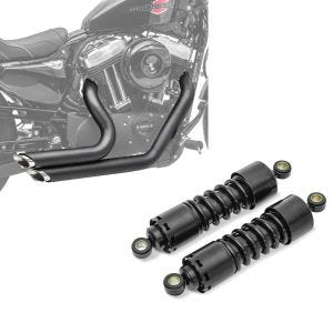 Set: Craftride Auspuff Harley Sportster 883 Iron 09-13 Short-Shot Schalldämpfer Set schwarz + Stoßdämpfer 11 Zoll Harley Sportster 883 Iron Federbeine von Craftride schwarz_1