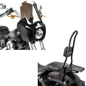 Set: Sissybar Harley Davidson Dyna Street Bob 06-08 Harley Davidson Craftride Fast Rider-XL inkl. Gepäckträger schwarz + Frontverkleidung für Harley Dyna Low Rider / Street Bob Craftride MG5 mit Scheibe schwarz-rauchgrau_1
