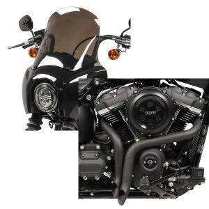 Set: Lampenmaske MG5 für Harley Softail Street Bob 18-20 Lampen Verkleidung rauchgrau Craftride + Auspuff für Harley Softail Street Bob 18-21 Drag Pipe Schalldämpfer schwarz Craftride_1