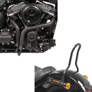 Set: Auspuff für Harley Softail Street Bob 18-21 Drag Pipe Schalldämpfer schwarz Craftride + Sissybar für Harley Davidson Softail 18-21 Craftride Tampa S schwarz_1