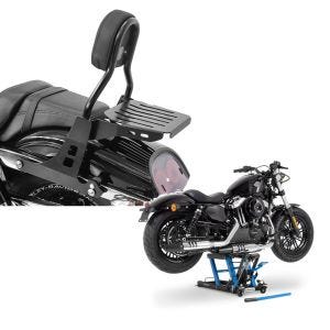 Set: Sissybar Harley Davidson Dyna Fat Bob 10-17 Craftride Fast Driver-M inkl. Gepäckträger schwarz + Hebebühne Harley Davidson Dyna Fat Bob Motorradheber ConStands Mid-Lift L in blau_1