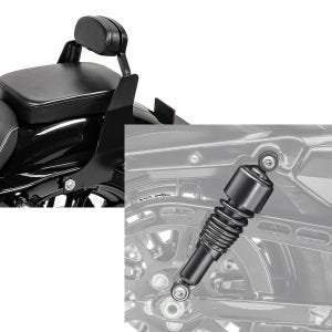 Set: Sissybar Harley Sportster 883 Iron 09-20 Craftride Fast Driver-XS schwarz + Stoßdämpfer 10,5 Zoll Harley Sportster 883 Iron 09-20 Federbeine von Craftride schwarz_1