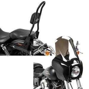 Set: Sissybar für Harley Davidson Street Bob 09-17/LR Craftride Fast Rider-L schwarz + Frontverkleidung für Harley Dyna Street Bob 06-17 Craftride MG5 mit Scheibe schwarz-rauchgrau_1