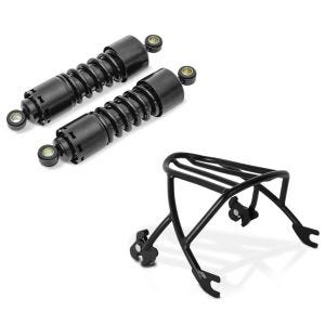 Set: Stoßdämpfer 11 Zoll Harley Sportster 883 Iron Federbeine von Craftride schwarz + Gepäckträger Solo Rack Abnehmbar für Harley Sportster 883 Iron 09-20 schwarz Craftride_1
