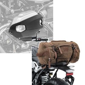 Set: Zylinderschutz für BMW R NineT Scrambler 16-21 Ventildeckelschutz Motoguard CP4 + Hecktasche Vintage 25L für BMW R NineT Scrambler braun Craftride_1