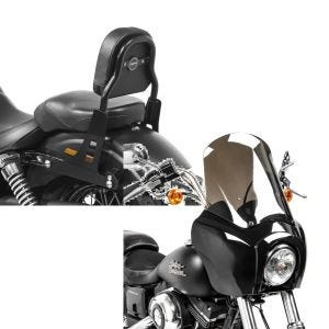 Set: Sissy Bar für Harley Davidson Dyna Street Bob 06-08 schwarz CSS Craftride + Frontverkleidung für Harley Dyna Low Rider / Street Bob Craftride MG5 mit Scheibe schwarz-rauchgrau_1