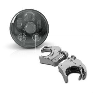 Set: Hauptscheinwerfer LED 5,75 Zoll für Harley Dyna Street Bob 06-17 schwarz von Craftride + Windschild Klammern 49mm Harley Davidson Dyna Street Bob 06-17 Windschutzscheiben chrom Craftride_1