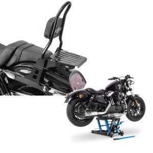 Set: Sissybar Harley Davidson Dyna Fat Bob 10-17 Craftride Fast Rider-M inkl. Gepäckträger schwarz + Hebebühne Harley Davidson Dyna Fat Bob Motorradheber ConStands Mid-Lift L in blau_1