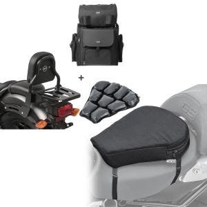 Set: Sissybar XS3 + Hecktasche für Honda Rebel 500 17-21 mit Gepäckträger Craftride + Motorrad Luftkissen Honda Rebel 500 Sitzbank Tourtecs Air M schwarz_1