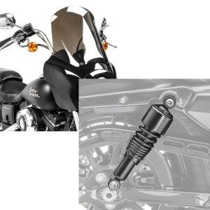 Set: Frontverkleidung für Harley Dyna Low Rider / Street Bob Craftride MG5 mit Scheibe schwarz-rauchgrau + Stoßdämpfer 10,5 Zoll Harley Dyna Street Bob universal von Craftride schwarz_1