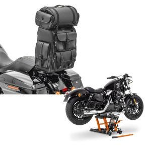 Set: Sissybar Tasche für Harley Freewheeler Hecktasche Craftride DLX mit Gepäckrolle + Hebebühne Harley Davidson Freewheeler ConStands Mid-Lift L in orange_1