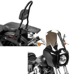 Set: Sissybar für Harley Davidson Street Bob 09-17/LR Craftride Fast Rider-M inkl. Gepäckträger schwarz + Frontverkleidung für Harley Dyna Street Bob 06-17 Craftride MG5 mit Scheibe schwarz-rauchgrau_1
