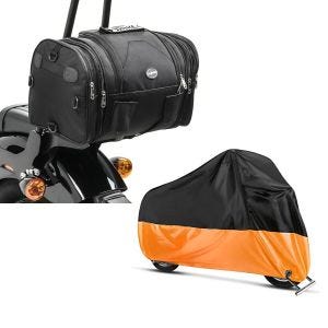 Set: Hecktasche für Harley Softail Fat Bob / 114 Gepäckrolle Craftride RB1 24-30Ltr + Abdeckplane Harley Softail Street Bob / Fat Bob / 114 Craftride XXL in schwarz-orange_1