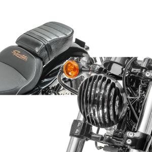 Set: Sozius Sitz mit Polsterung für Harley Sportster Forty-Eight 48/ 883 Iron Craftride + Scheinwerfer Grill Harley Sportster Forty-Eight 48 Special 18-20 schwarz von Craftride_1