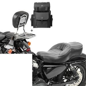 Set: Sissybar SB1 + Hecktasche für Harley Sportster 1200 Custom 04-20 abnehmbar mit Gepäckträger Craftride chrom + Doppel Sitzbank für Harley Sportster 1200 Custom 04-20 VM2 Sitz Craftride_1