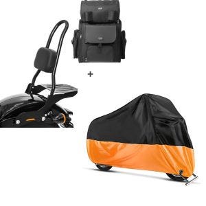 Set: Sissybar CSL + Hecktasche für Harley Softail Street Bob 18-21 abnehmbar mit Gepäckträger Craftride + Abdeckplane Harley Softail Street Bob / Fat Bob / 114 Craftride XXL in schwarz-orange_1