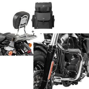 Set: Sissybar SB1 + Hecktasche für Harley Sportster 1200 Custom 04-20 abnehmbar mit Gepäckträger Craftride chrom + Sturzbügel für Harley Davidson Sportster 1200 Custom 04-20 Mustache chrom Craftride_1