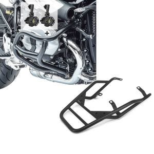 Set: Sturzbügel Set für BMW R NineT Scrambler 16-21 mit Zusatzscheinwerfer und Halterung Motoguard S-N1 + Gepäckträger für BMW R NineT Scrambler 16-21 Gepäckbrücke Craftride GT1_1