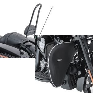 Set: Sissybar für Harley Davidson Street Glide 14-21 Craftride SP schwarz + Sturzbügel Spritzschutz für Harley Street Glide 06-21 Beinwärmer Craftride_1