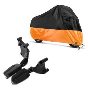 Set: Sozius Fußrasten für Harley Sportster 1200 Iron 18-20 Craftride mit Halter in schwarz + Abdeckplane Harley Sport Glide - Sportster 1200 Iron Craftride XXL in schwarz-orange_1