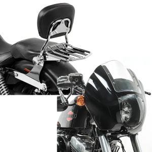 Set: Sissybar Harley Dyna Super Glide Custom 06-15 Craftride Fast Driver-M Flex inkl. Gepäckträger chrom + Lampenmaske für Harley Dyna Super Glide / Custom Lichtmaske Craftride Q1 klar_1