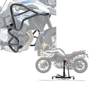 Sett: Crash bar XL sett egnet for BMW F 850 GS / F 750 GS 18-23 topp og bunn crash bar + sentralstativ BMW F 750 GS 18-23 grå motorsykkel jekk ConStands Power-Evo