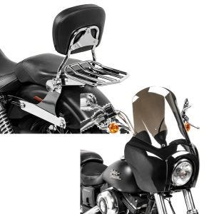 Set: Sissybar Harley Dyna Street Bob 06-17 Craftride Fast Driver-M Flex inkl. Gepäckträger chrom + Frontverkleidung für Harley Dyna Street Bob 06-17 Craftride MG5 mit Scheibe schwarz-rauchgrau_1