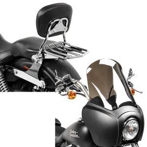 Set: Sissybar Harley Dyna Street Bob 06-17 Craftride Fast Driver-M Flex inkl. Gepäckträger chrom + Frontverkleidung für Harley Dyna Street Bob 06-17 Craftride MG5 mit Scheibe schwarz-matt rauchgrau_1