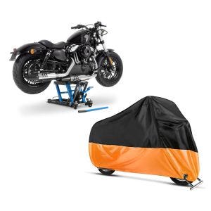 Set: Hebebühne Harley Davidson Softail Fat Bob / 114 Motorradheber ConStands Mid-Lift L in blau + Abdeckplane Harley Softail Street Bob / Fat Bob / 114 Craftride XXL in schwarz-orange_1