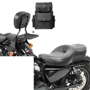 Set: Sissybar SB1 + Hecktasche für Harley Sportster 1200 Custom 04-20 abnehmbar mit Gepäckträger Craftride schwarz + Doppel Sitzbank für Harley Sportster 1200 Custom 04-20 VM2 Sitz Craftride_1