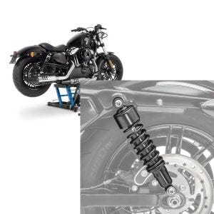 Set: Hebebühne Harley Davidson Sportster 883 Iron Motorradheber ConStands Mid-Lift L in blau + Stoßdämpfer 11,9 Zoll Harley Davidson Sportster 883 Iron 09-20 Craftride schwarz_1