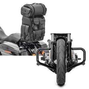Set: Sissybar Tasche für Harley Softail Fat Bob / 114 Hecktasche Craftride DLX mit Gepäckrolle + Motorrad Sturzbügel Craftride Mustache Harley Davidson Softail 18-21 in schwarz_1