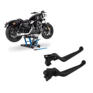 Set: Hebebühne Harley Davidson Dyna Fat Bob Motorradheber ConStands Mid-Lift L in blau + Bremshebel und Kupplungshebel-Set Grip für Harley Davidson Dyna Fat Bob 08-17 schwarz Craftride_1
