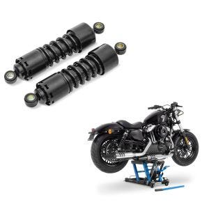 Set: Stoßdämpfer 11 Zoll Harley Sportster 883 Iron Federbeine von Craftride schwarz + Hebebühne Harley Davidson Sportster 883 Iron Motorradheber ConStands Mid-Lift L in blau_1
