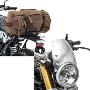 Set: Hecktasche Vintage 25L für BMW R NineT / Pure / Racer braun Craftride + Windschild für BMW R NineT 14-21 Windschutzscheibe Craftride CW9 silber_1